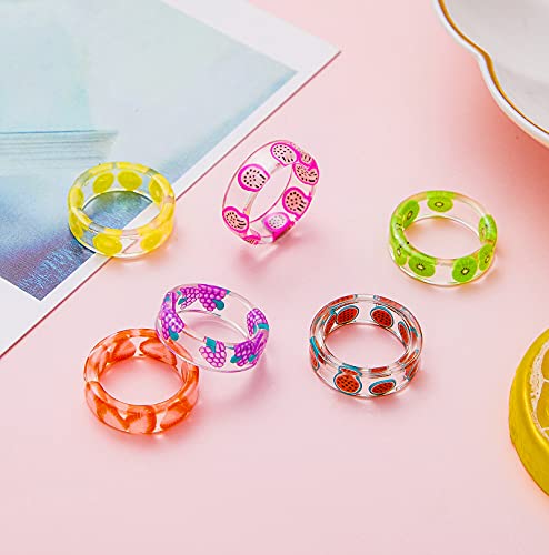 Moroya 12Pcs Colorful Resin Rings For Women Flower Lemon Strawberry Resin Fruit Rings Acrylic Chunky Rings Clear Plastic Finger Ring Set Size 6-7 #TOP4