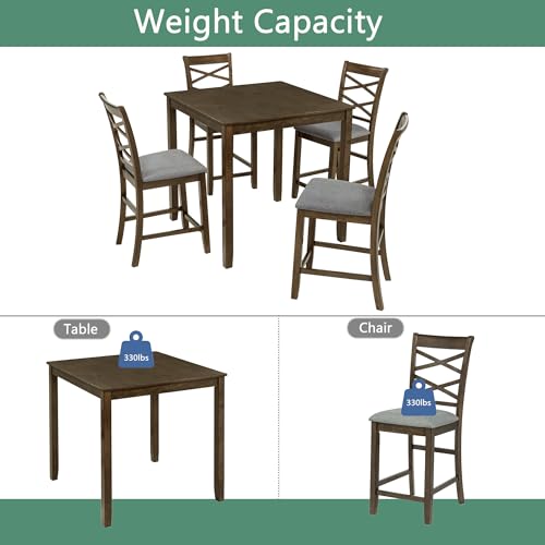 Image of Harper & Bright Designs Counter Height Dining Table Set 5-Piece, 34.5 inch Square Wooden Table & 4 Upholstered Chairs, Modern Walnut Finish Counter Height Set for Kitchen, Dining Room, Small Spaces