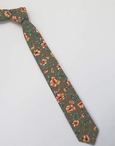 Image of Men's Skinny Tie Floral Cotton Necktie and Tie Bar Clip Sets, Great for Weddings,Groom,Groomsmen