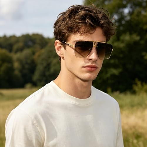 Image of Rimless Oversized Square Sunglasses for Men Trendy Fashion Big Shades Tinted Lens Gold Metal Frameless Glasses UV400