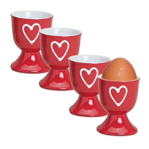 Lot de 4 coquetiers colorés de style maison de campagne - Rouge - Ronds - En céramique - Pour le petit-déjeuner
