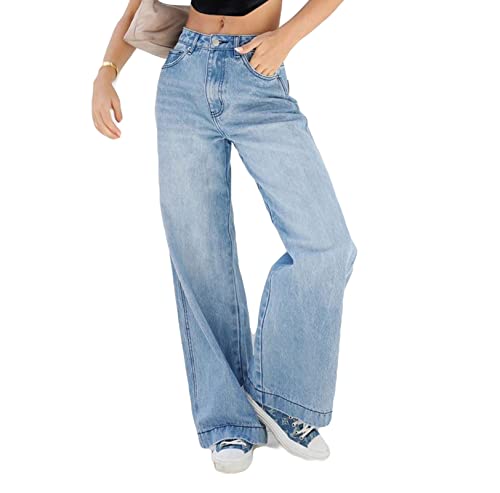 Women Baggy Y2K Jeans Vintage Low Waisted Straight Leg Denim Pants E-Girl Streetwear Clubwear(Y2K Blue,X-Large) #TOP27