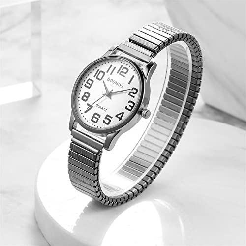 Jewelrywe Mens Big Dial Easy Reader Quartz Watch, Gold/Silver Tone Elastic Band Wristwatch, For Fathers Day #TOP2