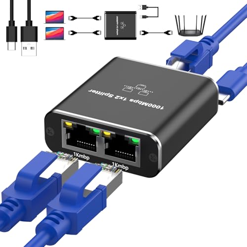 Ethernet Splitter 1 to 2 Out with Cat 6 Ethernet Cable,Gigabit Network with USB Power Cable,RJ45 Internet Adapter 1000Mbps Speed for Cat 5/5e/6/7/8 [2 Devices Networked Simultaneously]