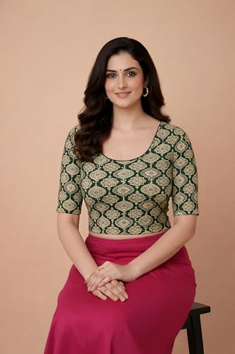 Image of Amazon Brand - Anarva Women's Kalamkari Print Cotton Stretchable Round Neck Readymade Saree Blouse