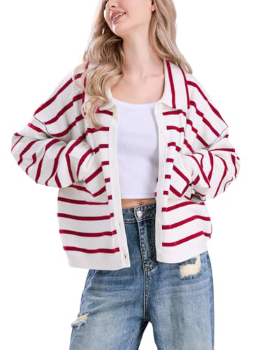Image of chouyatou Women's Button Down Striped Cardigan Sweater Polo Collar Open Front Knit Jacket 2024 Fall Outfits
