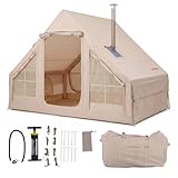 COSTWAY Tienda de Campaña Inflable para 4 Personas, Tienda Glamping Familiar, Doble Puerta, Apertura de Chimenea, Ventanas de Malla y Bomba de Aire, Carpa Impermeable Exterior para 4 Estaciones