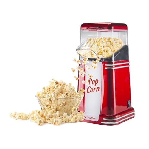Beper - Machine à Pop-Corn, Pop-Corn en 3 Minutes, Sans Matières Grasses, Circulation d'Air Chaud, Puissance 1200W - Rouge [Classe d'efficacité énergétique B]