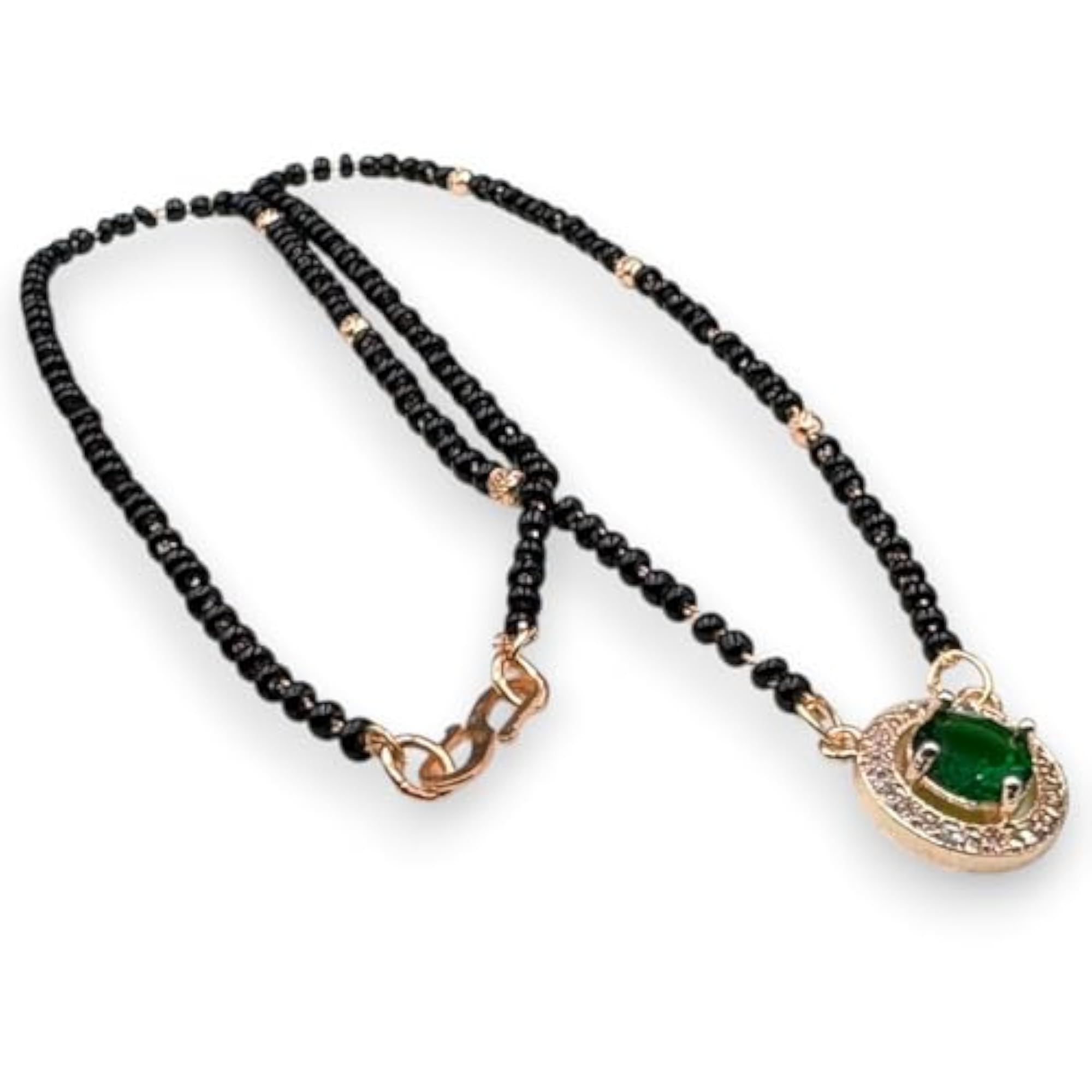 Black Beaded Mangalsutra with Green Gemstone Pendant