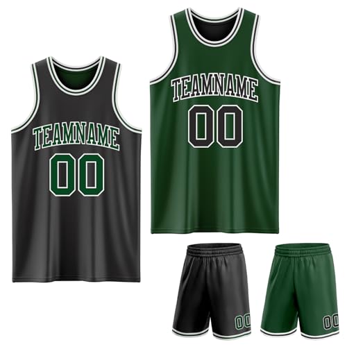 Image of Customisable Green and Black Reversible Basketball Jerseys for Women Men Teens Youth Boys Girls, Design Basketball Team Shirts and Shorts Double-Sided, Personalised Sports Training Kit Printed