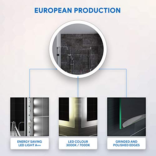 Artforma 500 mm Modern Round Bathroom Mirror with LED light and Additional Features - Selection of Switches/Demister Heat Pad/Bluetooth Speaker - Wall Mounted Illuminated Mirror - L76