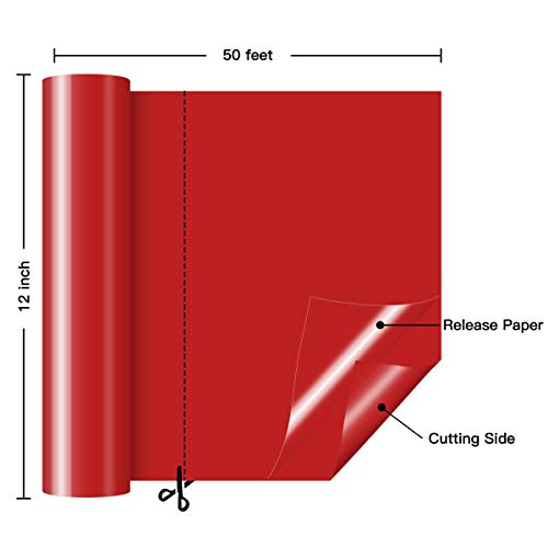 Image of HTVRONT Red Permanent Adhesive Vinyl Roll - 12 inch by 50 FEET Glossy Red Vinyl for Signs, Scrapbooking Compatible with All Cutting Machine, Silhouette Cameo, Craft, Die Cutters
