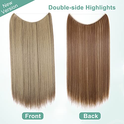 Hairro Invisible Wire Hair Extensions Halo Hair Extension Hidden Headband Secret Hairpiece Synthetic Fiber For Women No Clip 20 Inch #12P24 Ash Blonde Golden Brown Highlight by Hairro - Image 2