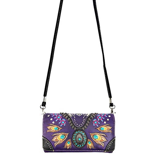 Zelris Turquoise Concho Peacock Feather Women Crossbody Wrist Trifold Wallet3