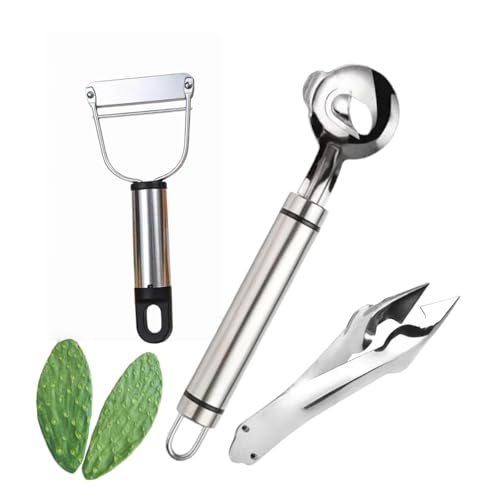 Cactus Peeler Tools Upgrade 3 Pack Stainless Steel Cactus Paring and Spoon 2025 Long Handle Slicing Noodle Cutter with Hole for Cactus Kitchen Cooking Noodles Cactus Thorn Removal Tool