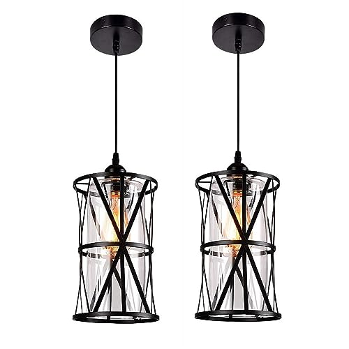 WANGLL Retro Pendent Light Rustic Glass Lamp Shade Fixtures Lantern Matte Metal Body Chandelier Clear Suspension Decorative Hanging Lamp for Ceiling Available Restaurant Living Room Made in China