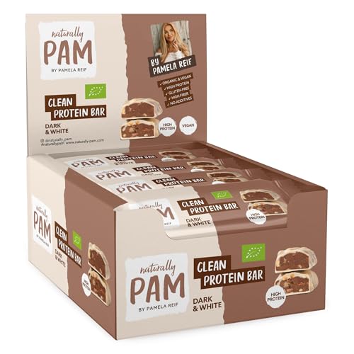 Naturally Pam Clean Protein Bar | High Protein Eiweißriegel Snack | veganer Proteinriegel | Dark & White – 12 x 45g