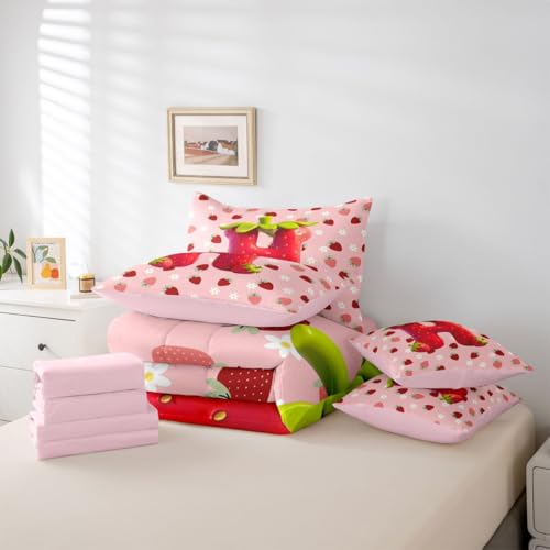 Image of Feelyou Girls Strawberry Full Comforter Set with Sheets for Kids Boys Girls Pink Strawberry 7 Pieces Bedding Set Initial Letter H Bed in a Bag Room Decor Soft Lightweight Microfiber
