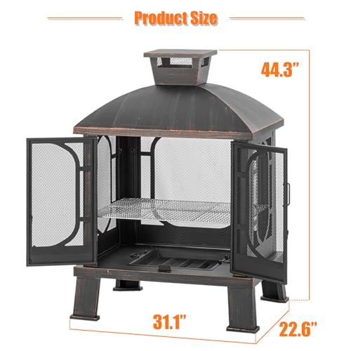 45" H×31''W Metal Chiminea Fire Pit with Grill, Wood Burning Fire Pits for Outside,Square Chimineas Fireplace with Mesh Spark Screen Door& Fire Poker for Garden,Yard,BBQ,Bonfire (Black&Gold)