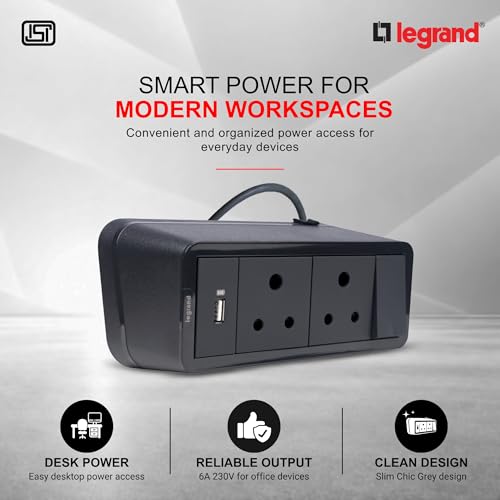 Image of Legrand Extension Board with USB (2-Sockets, 1 Switch, Chic Grey, 1.5M Cable) | 2 x 6A Socket 230V + USB-A 5V 15 amp Charging | IP20 Rated Power Hub for Home, Office, Hotel Use | Spike Guard