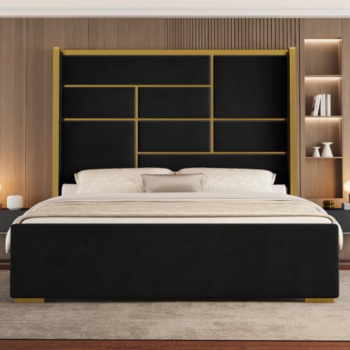 Belffin Queen Bed Frame with Gold Trim Headboard, 66.9" Tall Bed, Black
