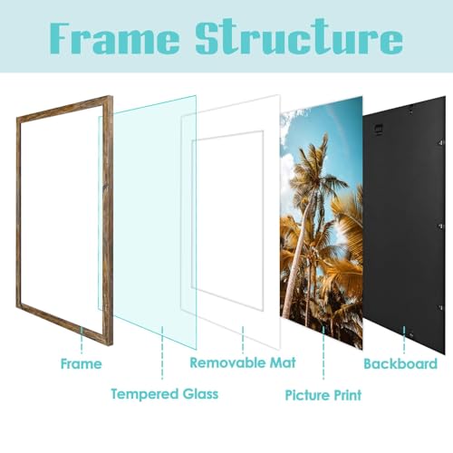 Image of Frametory, 16x24 Picture Frame With Mat for 12x18 Picture - High Definition Glass Wide Molding - Preinstalled Wall Mounting Hardware (Rustic Brown, 6 Pack)
