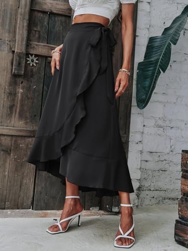 Solid Wrap Hem Tie Side Skirt Maxi Basic Women's Summer Casual Vinage Skirt4