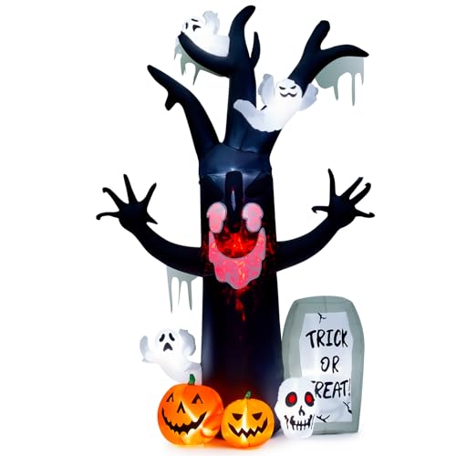 8FT Halloween Inflatables Decorations - Blow Up Yard Devil's Tree with Ghost, Pumpkin, Skull and Tombstone with Build-in LED & Flame Light for Halloween Party Garden Lawn Indoor Outdoor Decor