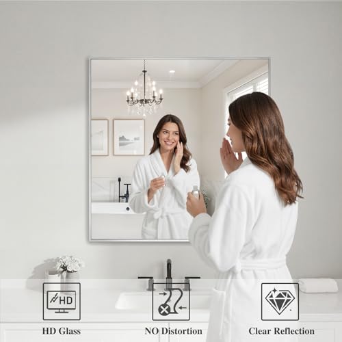 Image of Koonmi Silver Rectangle Wall Mirror, 30x30 Inch Bathroom Mirror, Aluminum Frame Vanity Mirror for Entryway, Living Room, Bedroom Bathroom, Hangs Horizontally or Vertically