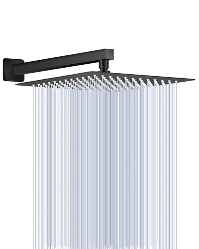 KINLIV All Metal Matte Black Rainfall Shower Head with Extension Arm, 12" Large Rain Square Showerhead with 16" Long Shower Arm Stainless Steel, 144 Silicone Nozzles Waterfall Full Body Coverage -  KL0033