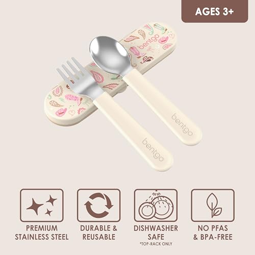 Image of Bentgo Kids Stainless Steel Utensil Set - Reusable Fork, Spoon & Storage Case, PFAS- & BPA-Free, Easy-Grip Handles, Lightweight, Dishwasher Safe, School Lunch, Travel & Outdoors (NEW Cowgirl Dreams)