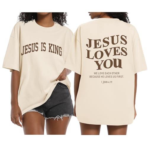 Christian Oversized Shirts for Women Jesus is King Jesus Loves You T Shirt Faith Religious Inspirational Tees Tops