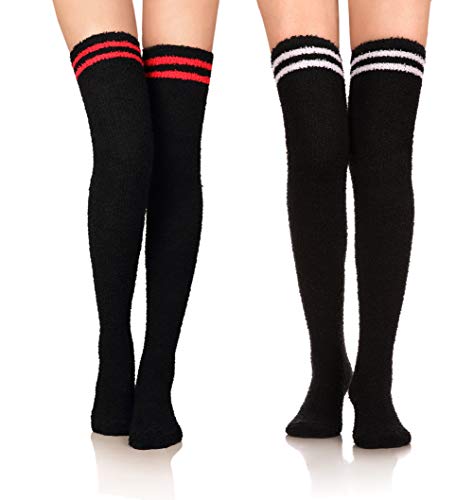 Image of Wander G Womens Over Knee High Fuzzy Socks Cute Cartoon Thigh High Stockings Warm Stripe Leg Warmers