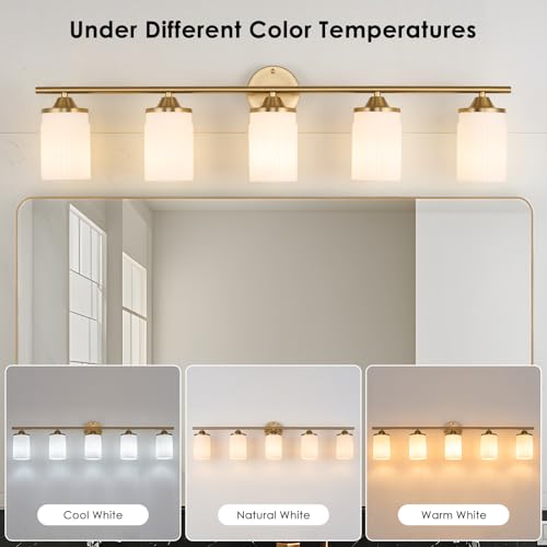 Image of Jonsi Gold Bathroom Light Fixtures 5-Light Vanity Lights Modern Wall Sconce with Milk White Shade Brushed Brass Bathroom Light Fixture Over Mirror for Bedroom Hallway Kitchen