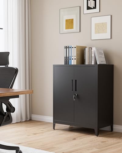 LVSTEEL Aktenschrank, abschließbarer Mehrzweckschrank mit 2 höhenverstellbaren Einlegeböden, Stahl-Büroschrank mit 2 Türen, Schwarz, 100×80×40 cm
