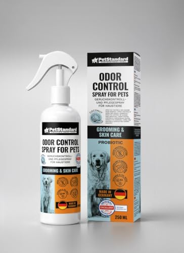 PetStandard Spray para el cuidado del pelo para perros y gatos, 250 ml, 3 en 1, neutralizador de olores, cuidado de la piel y acondicionador de pelo, aroma a coco – Dermatest Excellent – Fabricado en