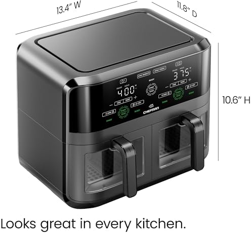 CHEFMAN 6 Quart Dual Basket Air Fryer Oven with Easy View Windows, Sync Finish, Hi-Fry, Auto Shutoff, 2 Independent 3Qt Nonstick Dishwasher Safe Frying Baskets, Digital Double Air Fryer - Black — view 6