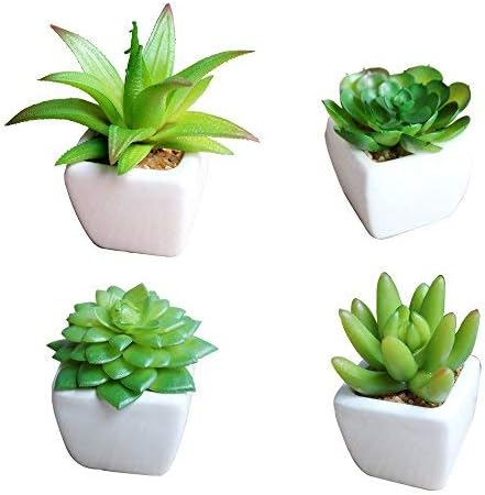 Small Artificial Succulent Plants in Mini Modern White Ceramic Planter Pots Fake Plants for Home Decor Indoor,Set of 4