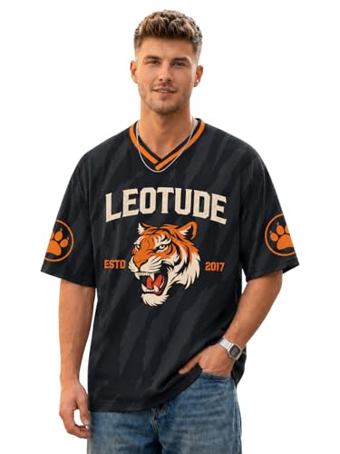 Image of LEOTUDE Men's Tiger Graphic Printed Oversized T-Shirt | Bold Red Sports Jersey Style Tee | V-Neck Half Sleeve Casual Streetwear for Men's (Color:Red)