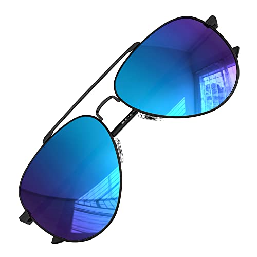 LUENX Men Aviator Sunglasses Polarized Womens Mirror Blue Lens Metal Black Frame with case