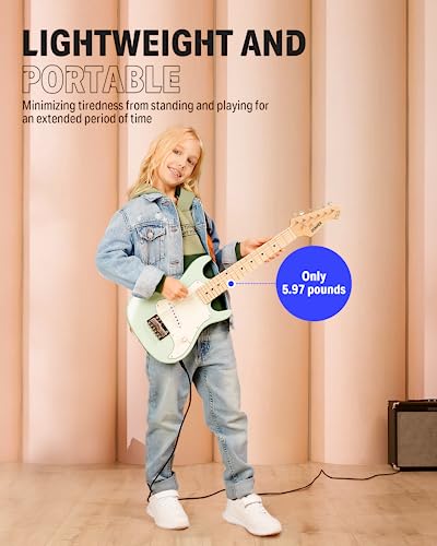 Image of Donner 30 Inch Kids Electric Guitar Beginner Kit ST-Style (Green) | Mini Electric Guitar for Boys Girls with Amp, 600D Bag, Tuner, Picks, Cable, Strap, Extra Strings, and Lessons DSJ-100