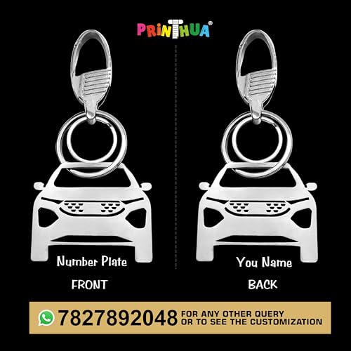 Image of PRINTHUA Personalized Stainless Steel Car Keychain - Customize Your Car Number Plate on Car Model Keychain, Gift for Car Lovers, Family Members & Loved Ones, Silver