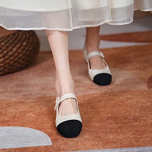 MOOMMO Women Elegant Ankle Strap Mary Jane Shoes Low Chunky Block Heel 1" Cap Toe Ballet Flats Two Tone Round Closed Toe Dress Sandals Buckle Patchwork Comfort Office Wedding Pump Chic Fall 4-10 M US4