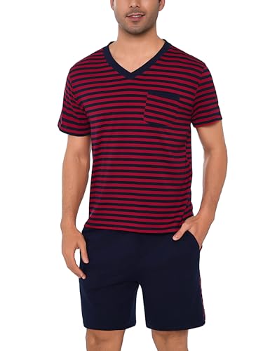 Litherday Schlafanzug Herren Kurz Baumwolle Shorty Pyjamas Set Sommer V-Ausschnitt T-Shirt und Shorty Schlafanzughose Zweiteiliger Nachtwäsche Set...