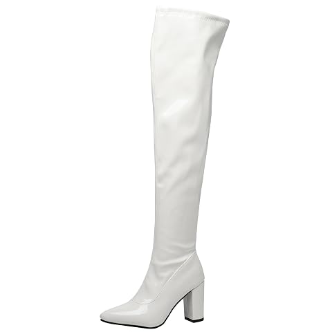 YIYA Womens Metallic Over the Knee High Boots Pointed Toe Chunky Mid Heel Thigh High Fashion Dress Boots