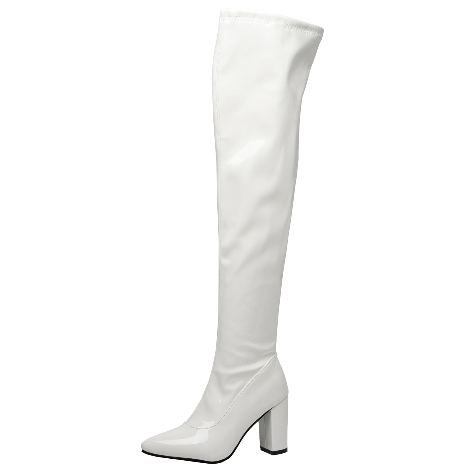 YIYA Womens Metallic Over the Knee High Boots Pointed Toe Chunky Mid Heel Thigh High Fashion Dress Boots
