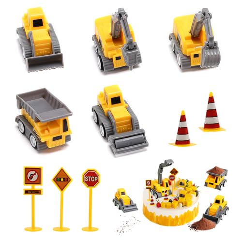 HMCEY 12 Pièces Véhicules de Chantier Jouets Enfants,Decoration Gateau Pelleteuse,Tractopelle Jouet Enfant avec Panneau de Signalisation,Deco Gateau Anniversaire,Cake Topper pour Fête Prénatale