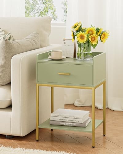Image of Masupu Nightstand,Bedside Table 3-Tier Modern Night Stand with Storage Drawer and Shelf,Small End Side Table for Bedroom,Living Room,Black (Without Outlet, Green)