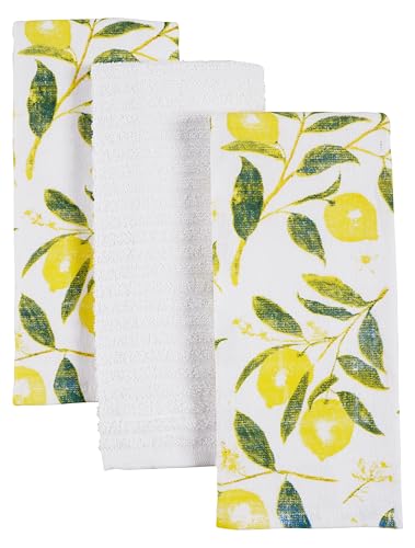 KAF Home Pantry Set of 3 Reverse Terry Print Kitchen Towels, Over-Sized 16 x 28-inch, 100 Percent Cotton (Lemons)