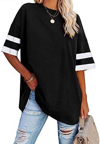 Fisoew Womens Oversized Tees Loose T Shirts Half Sleeve Crew Neck Color Block Cotton Tunic Tops